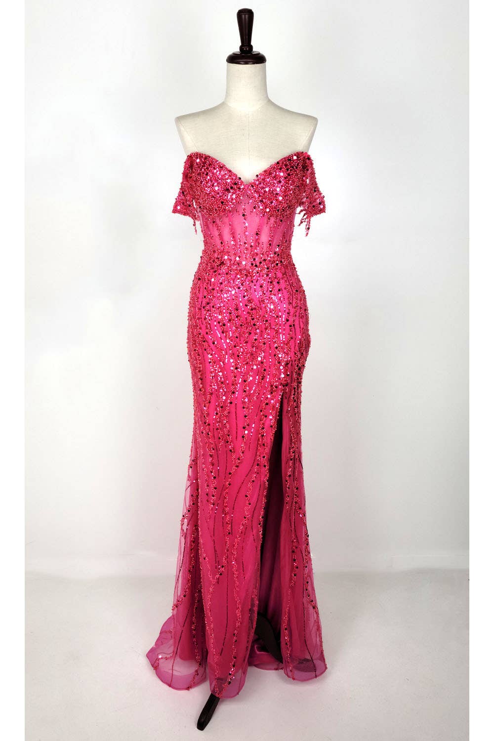 Off the Shoulder Sequin and Bead Long Dress C331