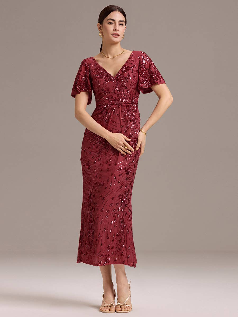 Strapless Deep Fishtail Paillette Midi Evening Dresses