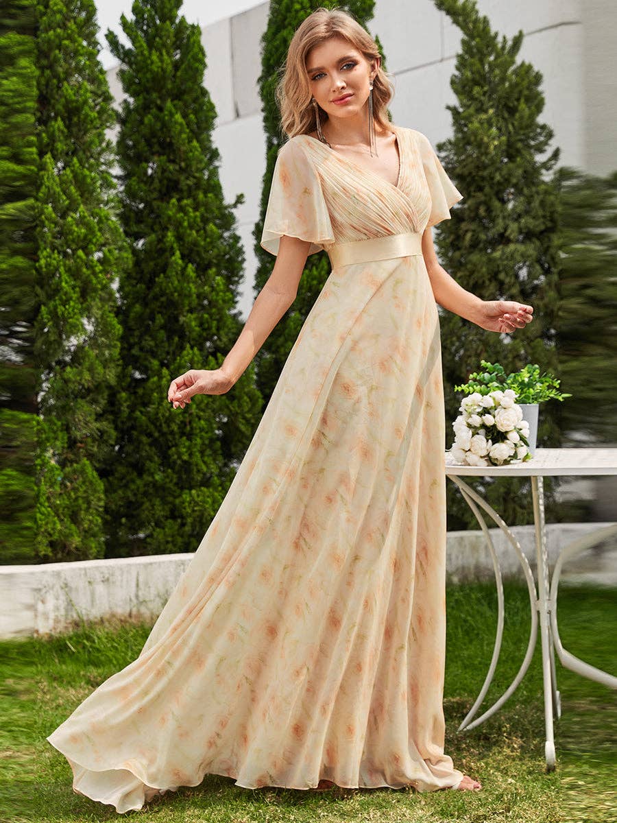 Double V-Neck Ruffles Chiffon Bridesmaid Dress