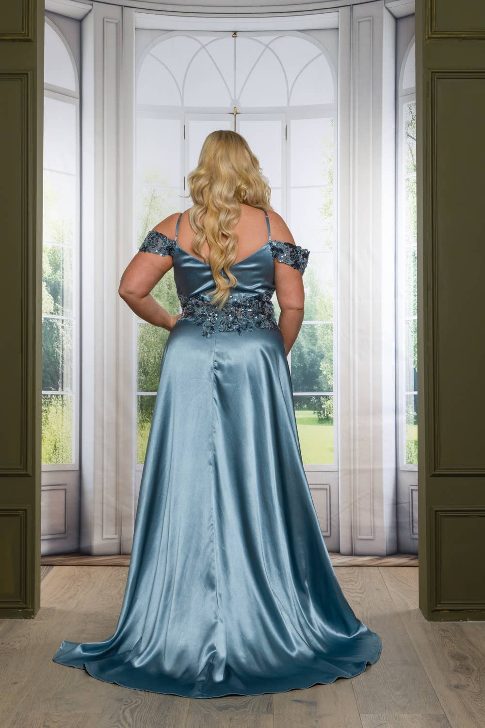 P7536-PLUS SATIN A LINE MAXI DRESS WITH SEQUINS AND BEADING