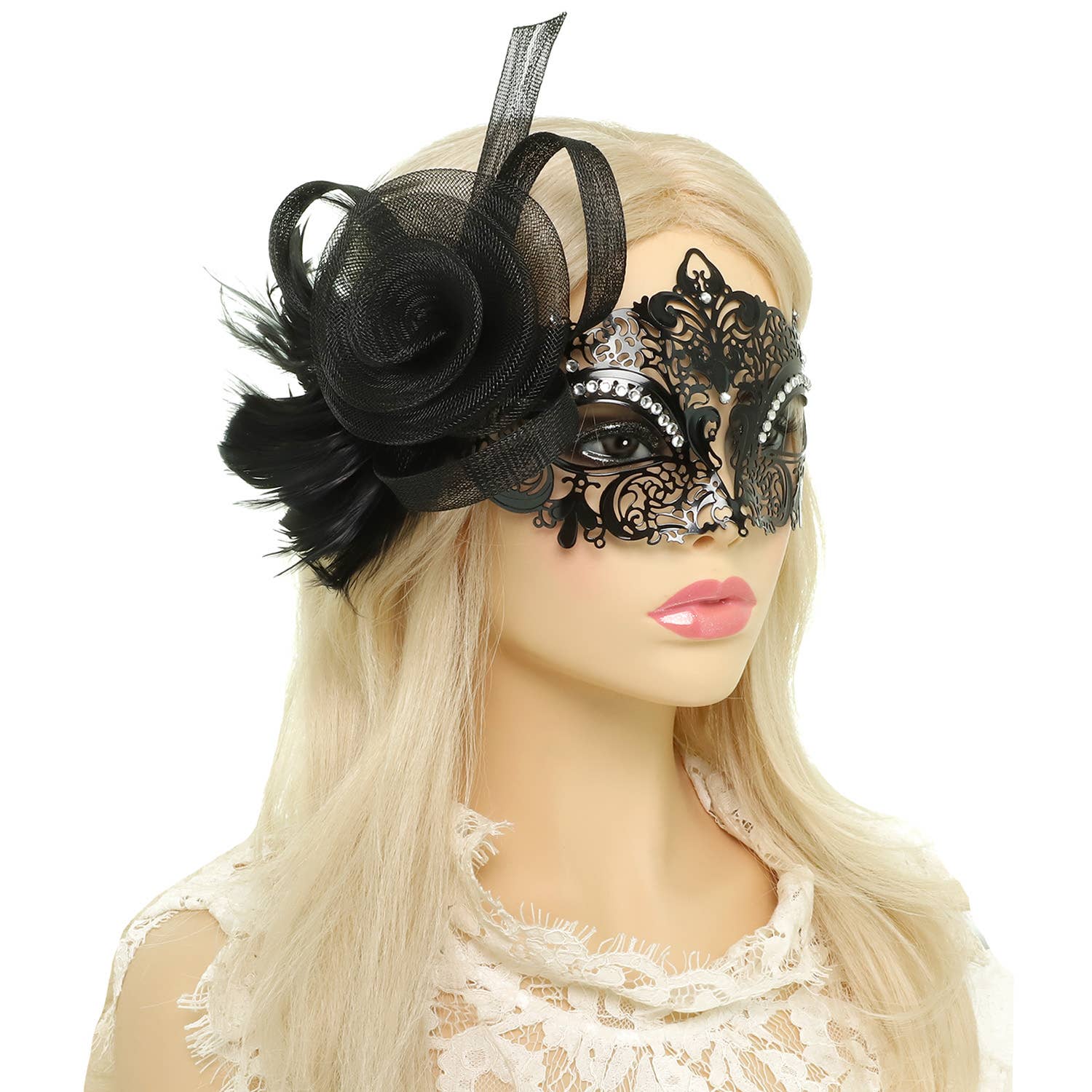 Crystal Rhinestone Masquerade Mask with Detached Fascinator