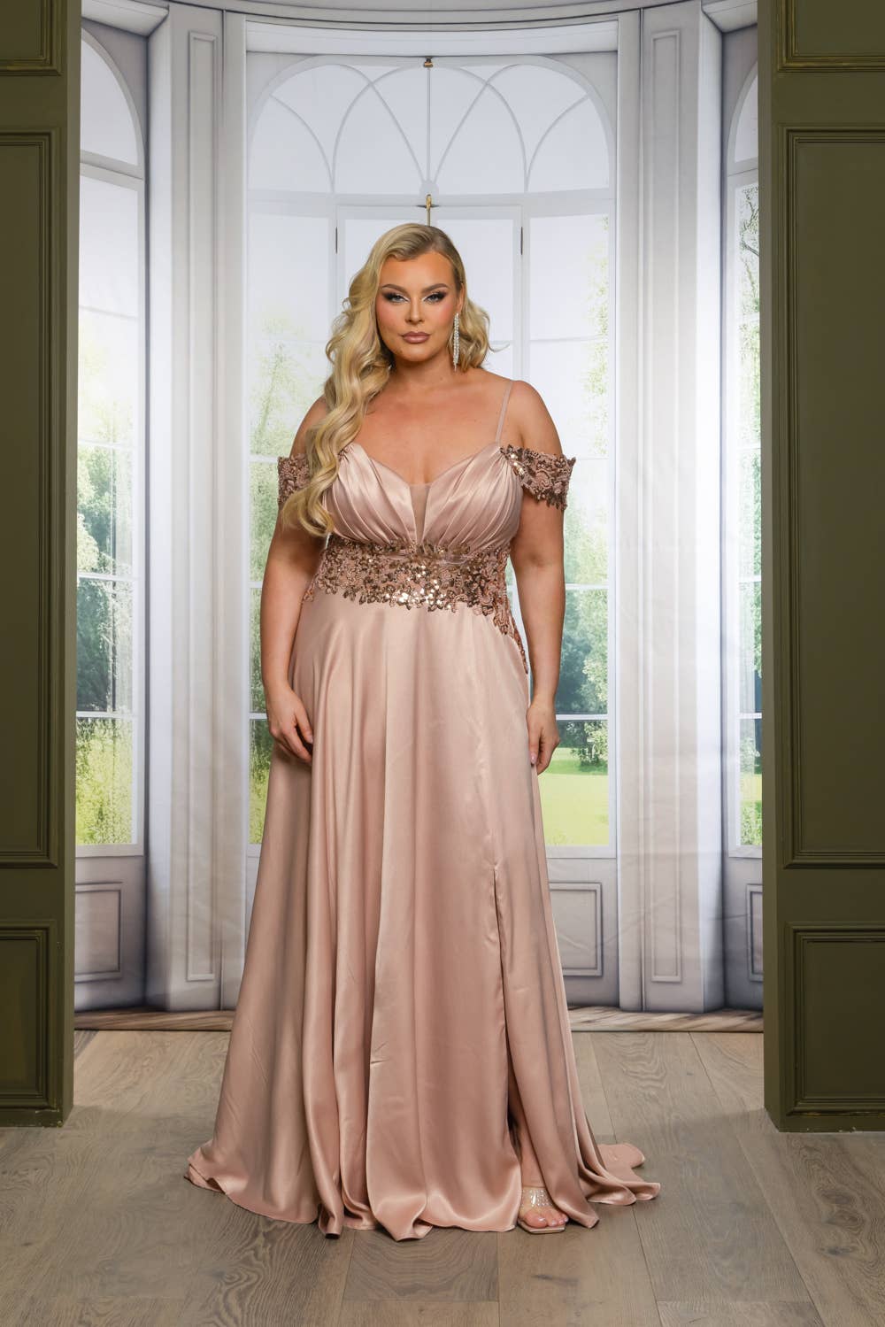 P7536-PLUS SATIN A LINE MAXI DRESS WITH SEQUINS AND BEADING