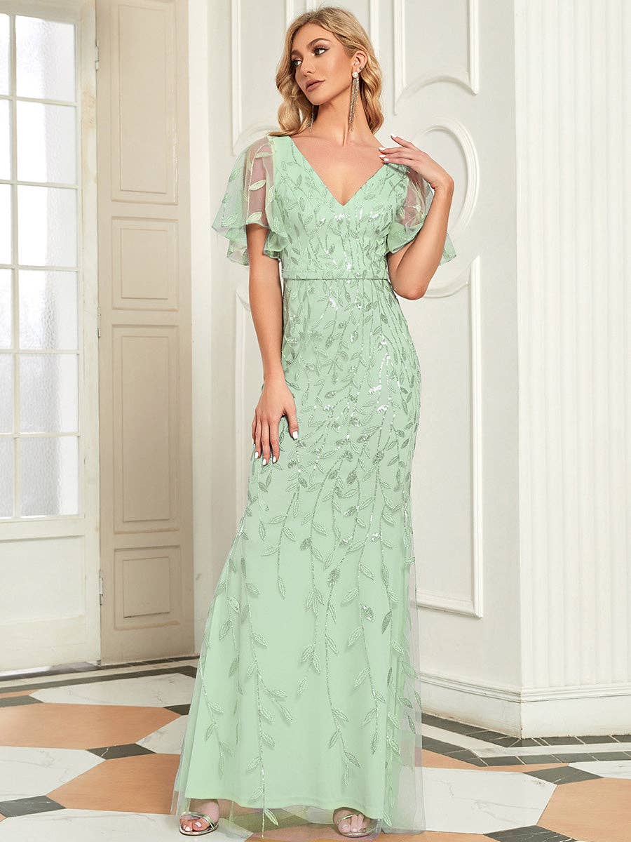 Gorgeous Leaf-Sequined Evening Dress