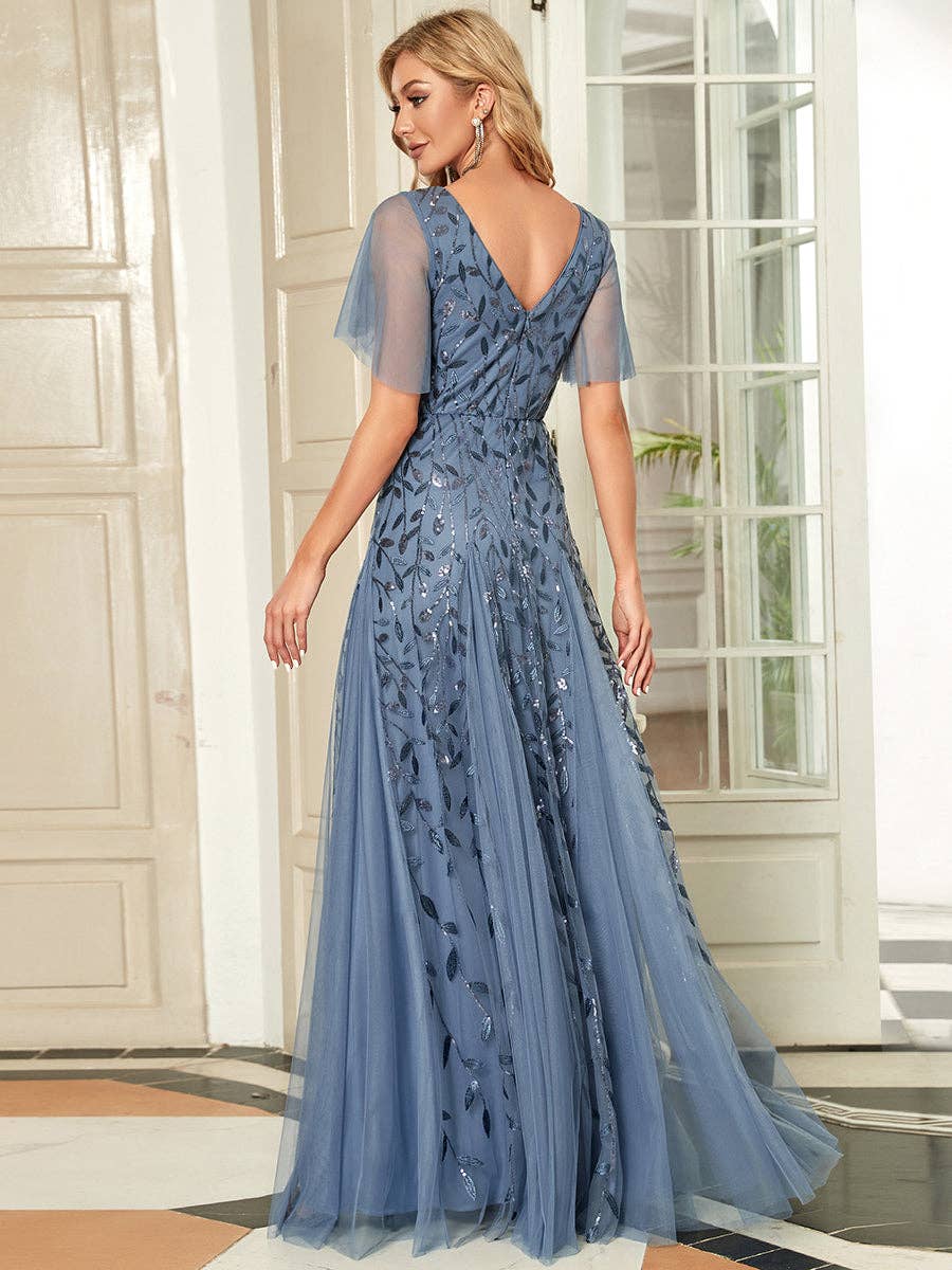 Romantic Shimmery V Neck Ruffle Sleeves Evening Dress