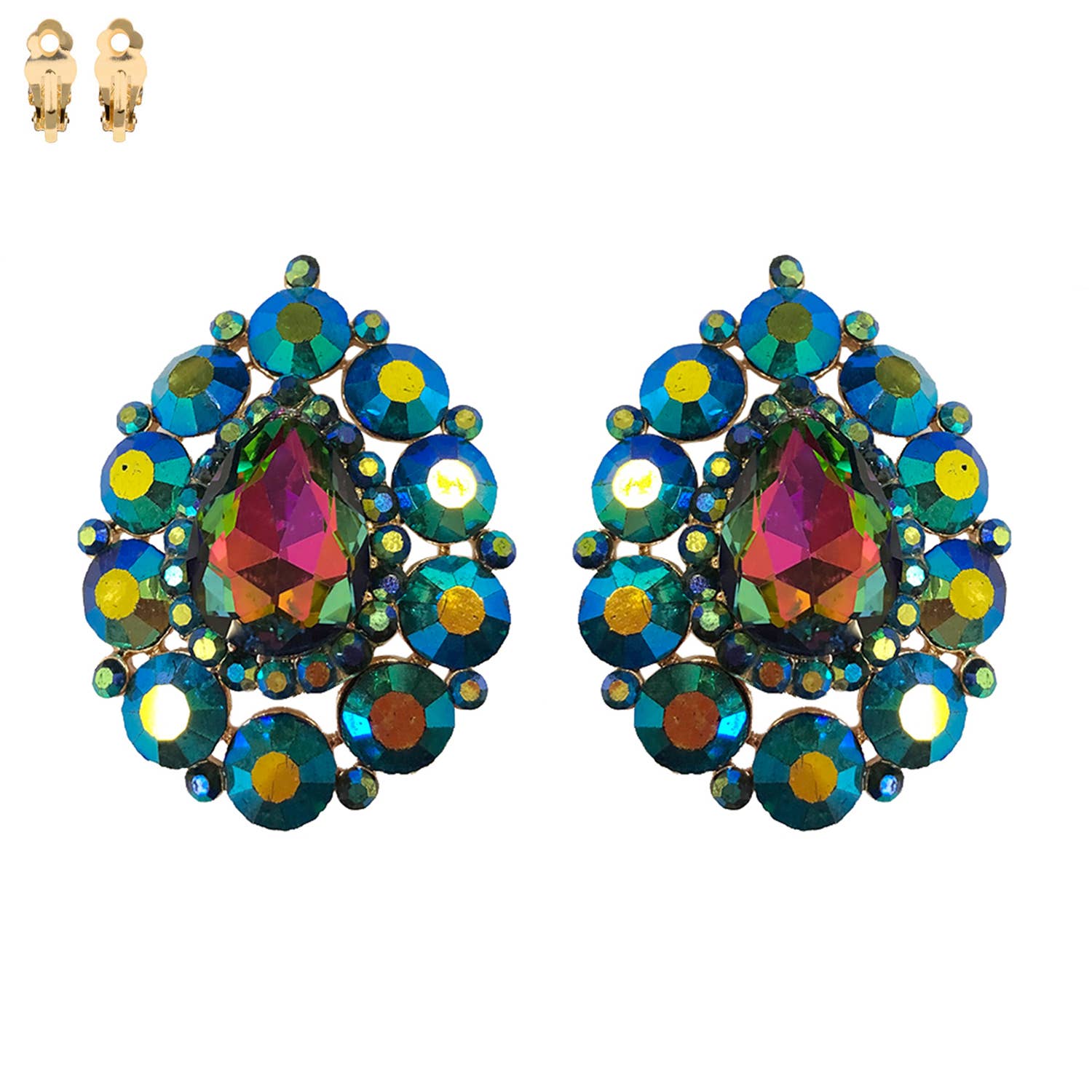 Rhinestone Cluster Halo Pear Shaped Clip On Earrings