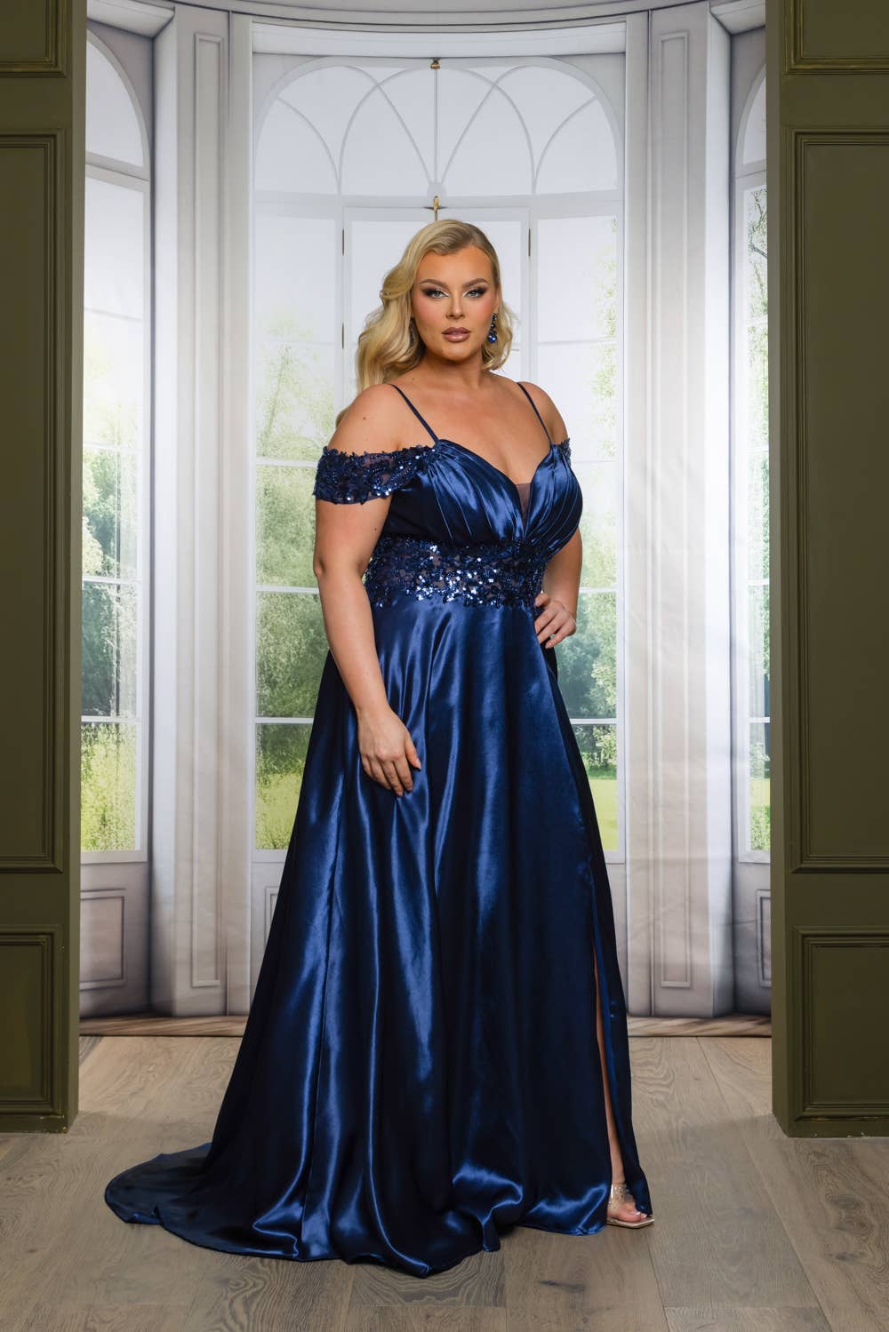 P7536-PLUS SATIN A LINE MAXI DRESS WITH SEQUINS AND BEADING