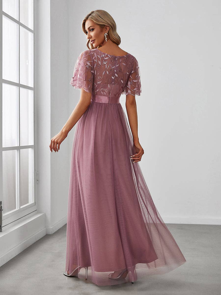 Sequin Print Maxi Long Evening Dresses with Cap Sleeve