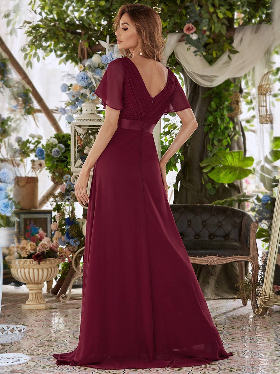 Double V-Neck Ruffles Chiffon Bridesmaid Dress
