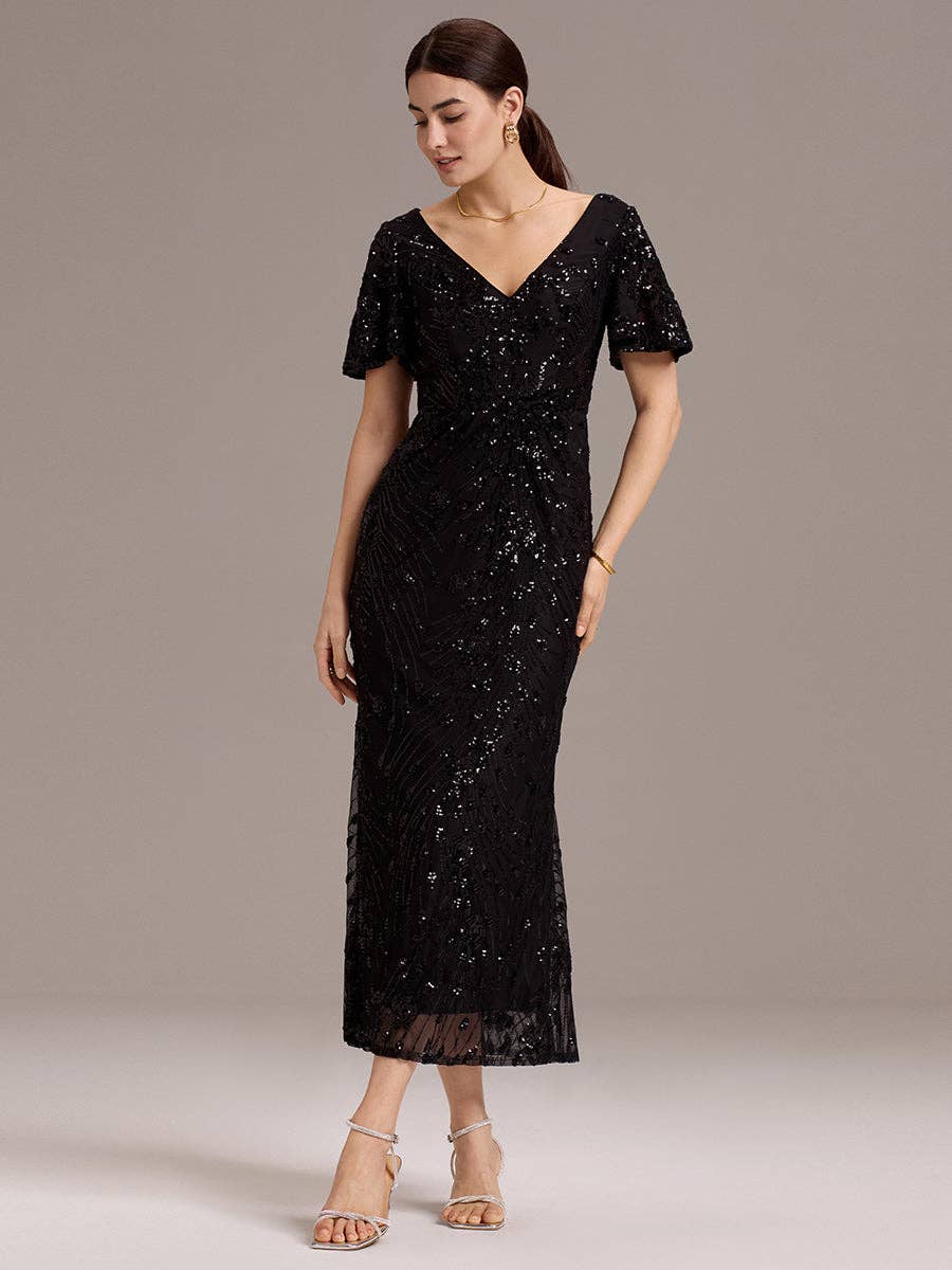 Strapless Deep Fishtail Paillette Midi Evening Dresses