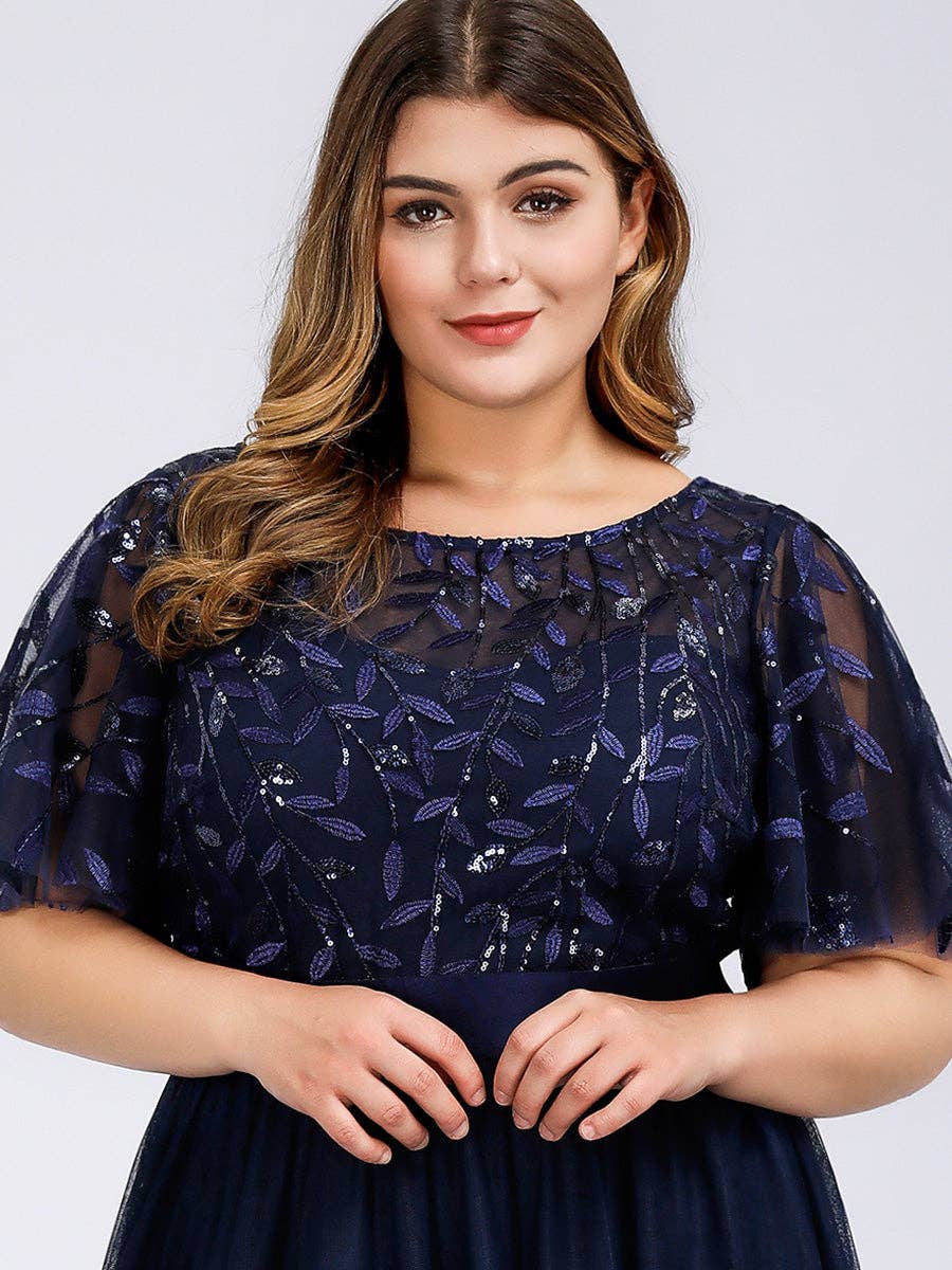 Sequin Print Maxi Long Evening Dresses with Cap Sleeve