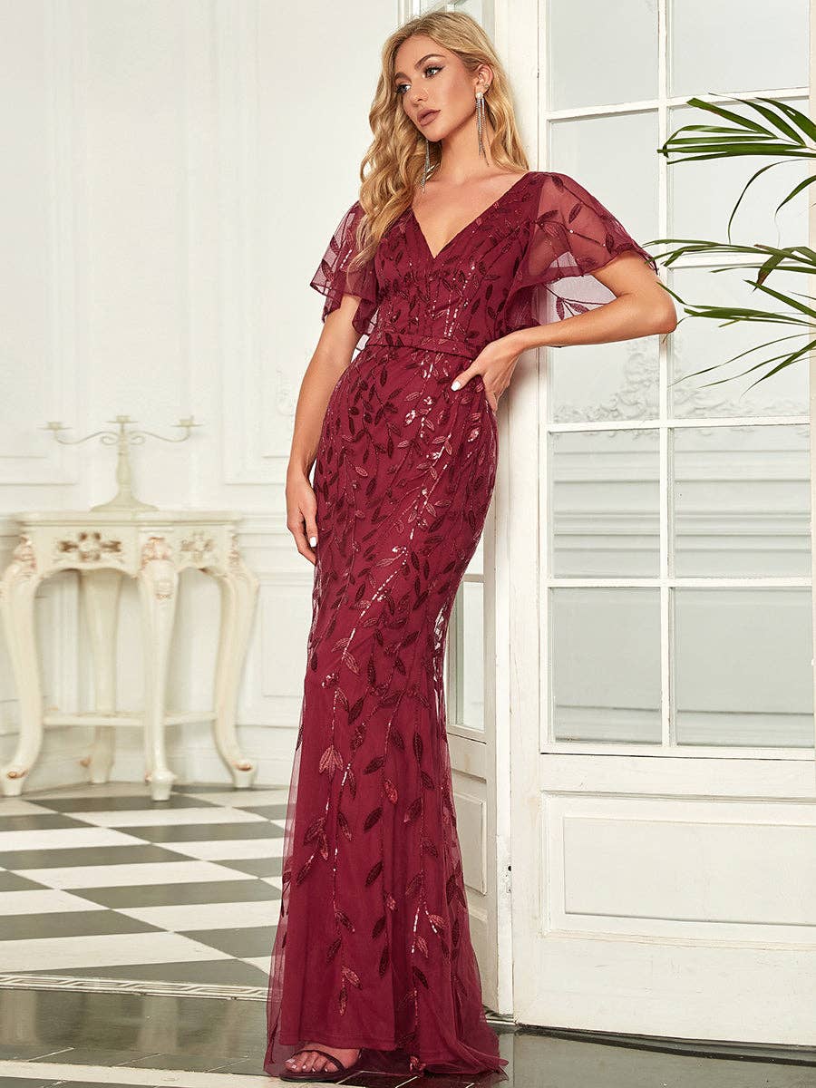 Gorgeous Leaf-Sequined Evening Dress
