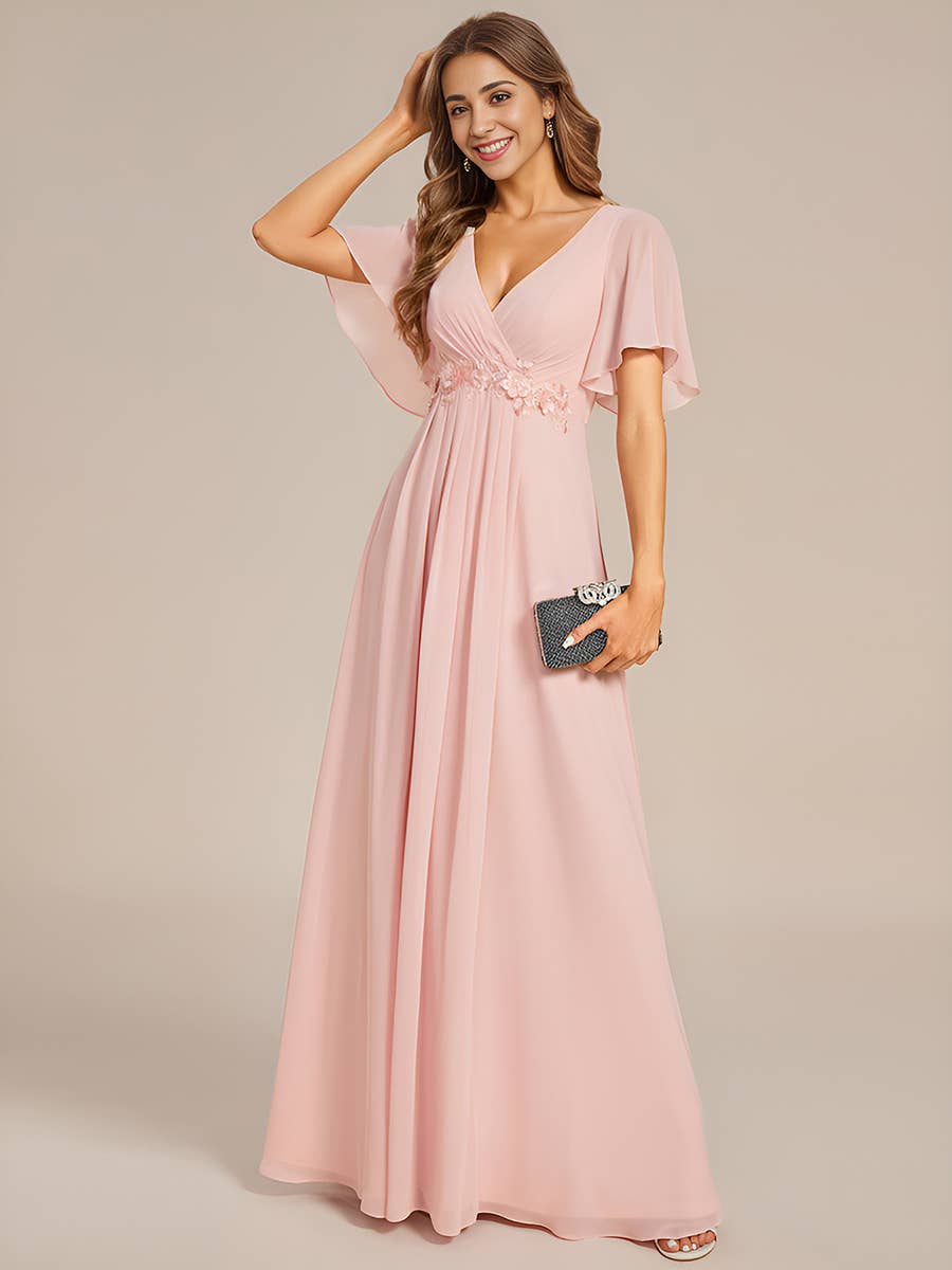V Neck Appliques Pleated Bridesmaid Dress