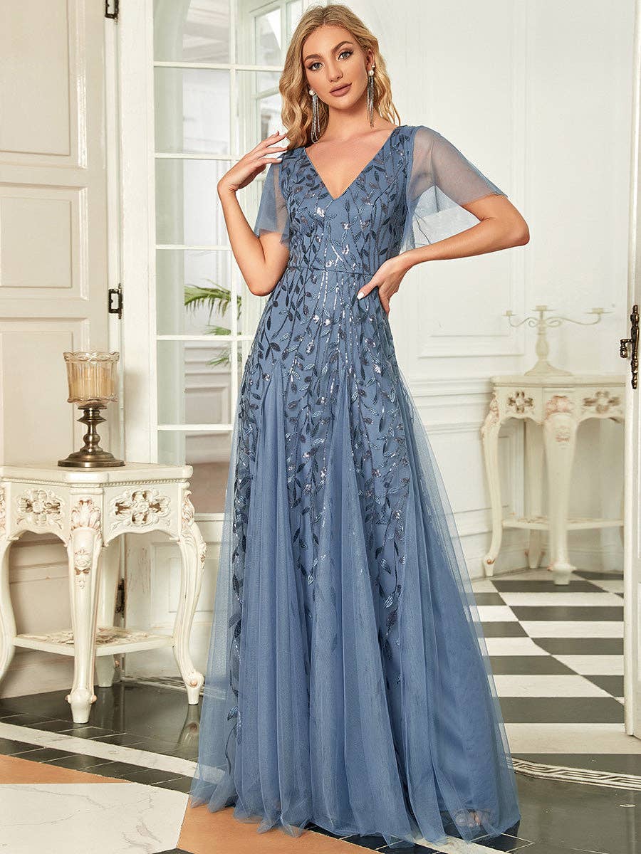 Romantic Shimmery V Neck Ruffle Sleeves Evening Dress