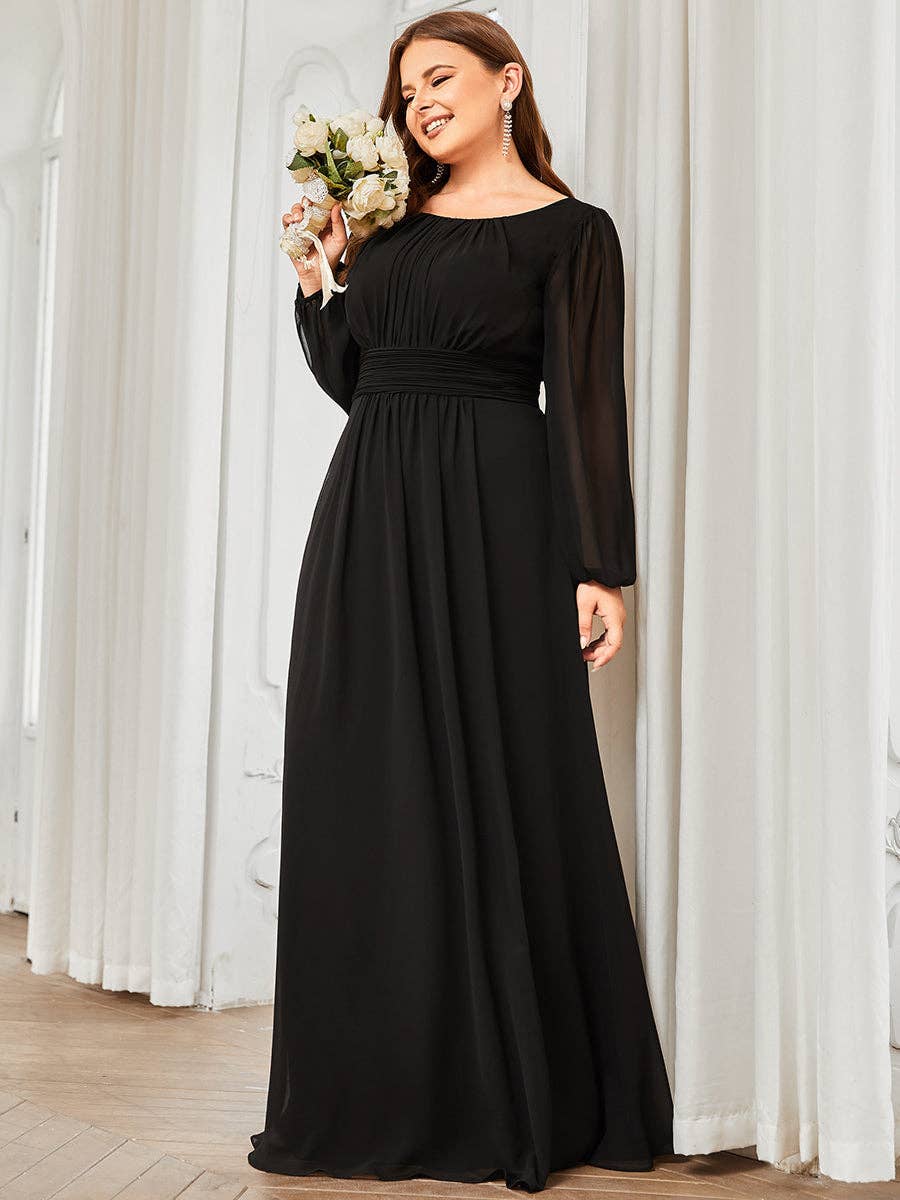 Plus Size Long Lantern Sleeves Round Neck Bridesmaid Dress