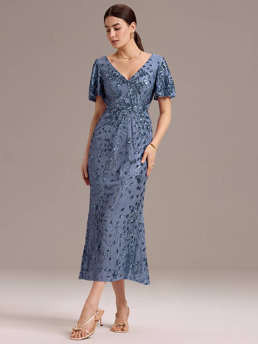 Strapless Deep Fishtail Paillette Midi Evening Dresses