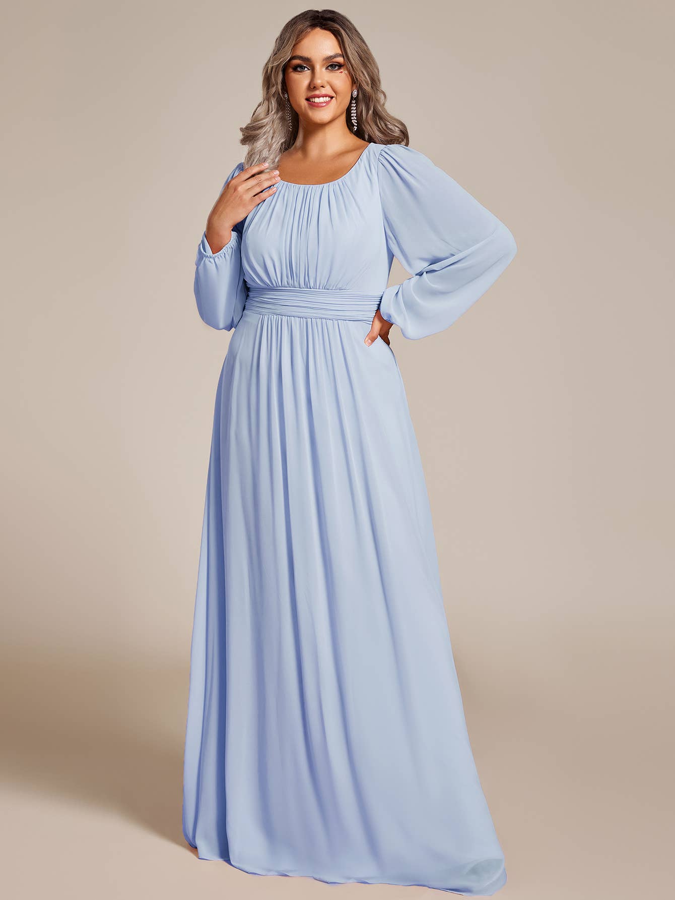 Plus Size Long Lantern Sleeves Round Neck Bridesmaid Dress