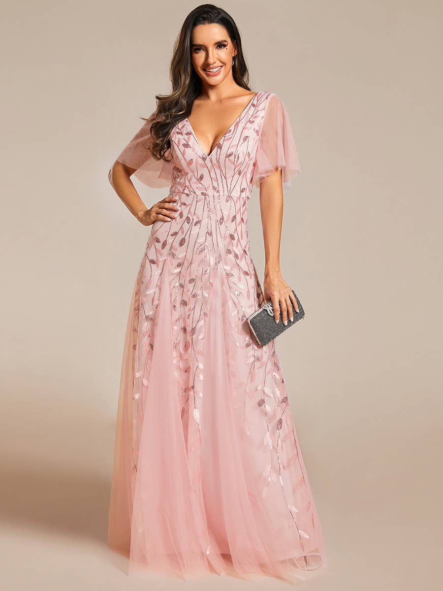 Romantic Shimmery V Neck Ruffle Sleeves Evening Dress