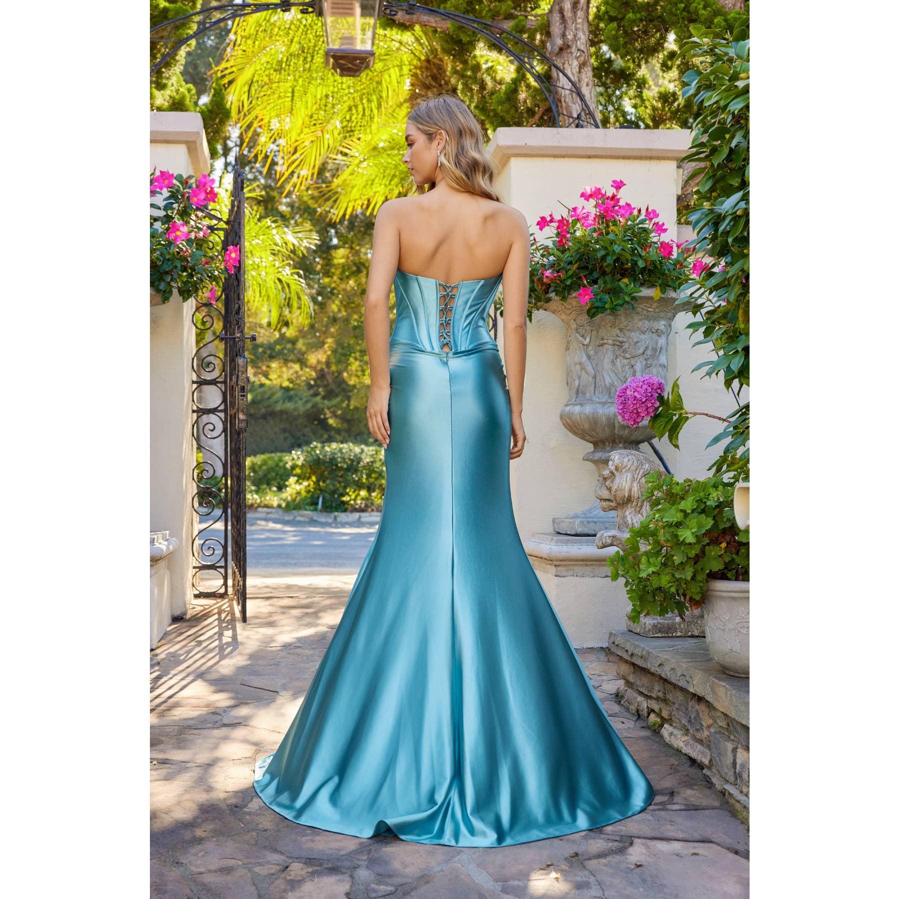 STRAPLESS SATIN GOWN WITH EMBROIDERED WAISTLINE