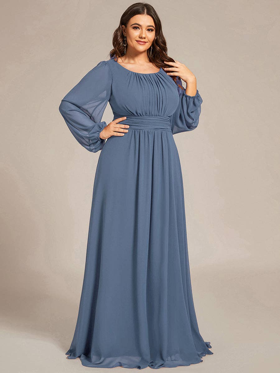 Plus Size Long Lantern Sleeves Round Neck Bridesmaid Dress