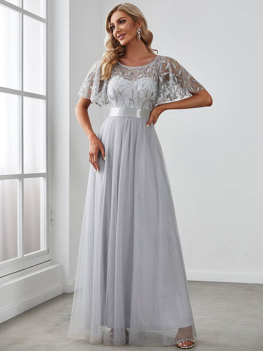 Sequin Print Maxi Long Evening Dresses with Cap Sleeve