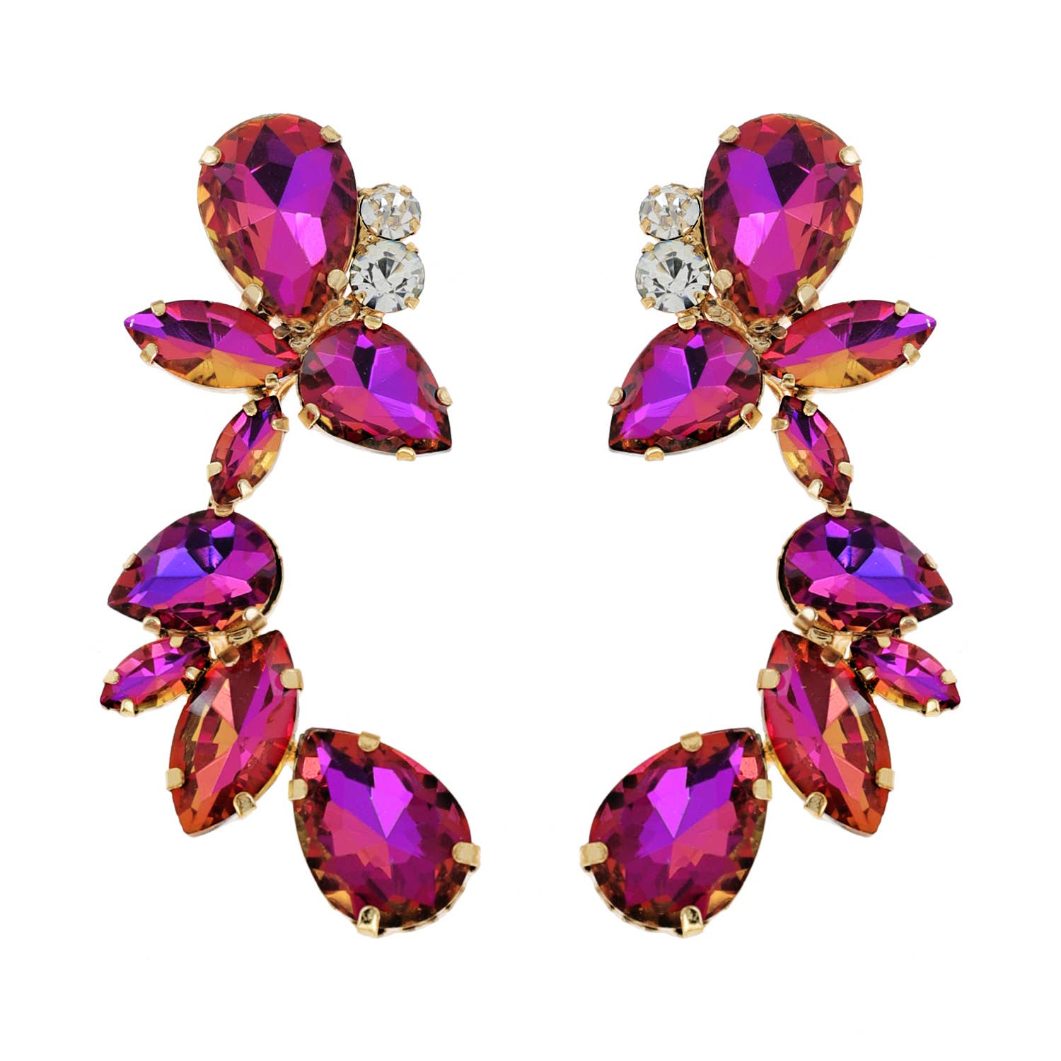 Leaf & Droplet Cut Curved Rhinestone Cluster Drop Earrings