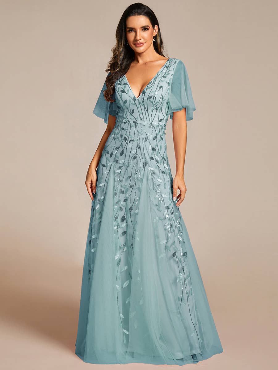 Romantic Shimmery V Neck Ruffle Sleeves Evening Dress