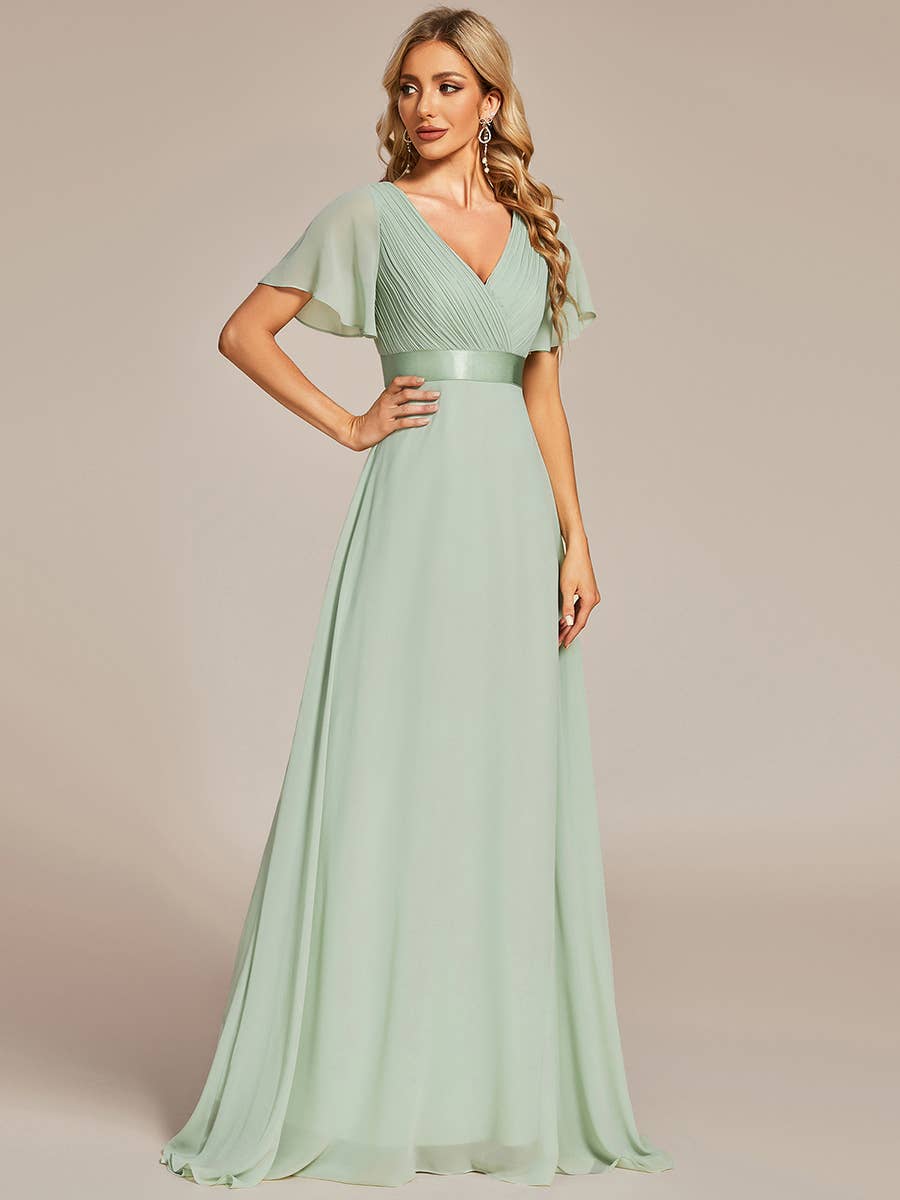 Double V-Neck Ruffles Chiffon Bridesmaid Dress