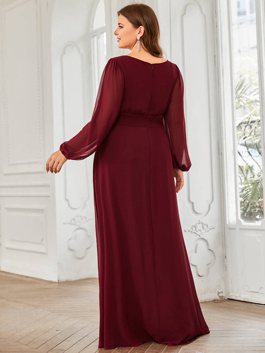 Plus Size Long Lantern Sleeves Round Neck Bridesmaid Dress