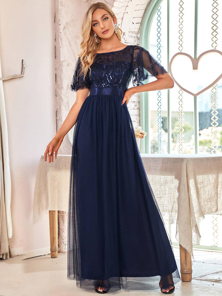Sequin Print Maxi Long Evening Dresses with Cap Sleeve