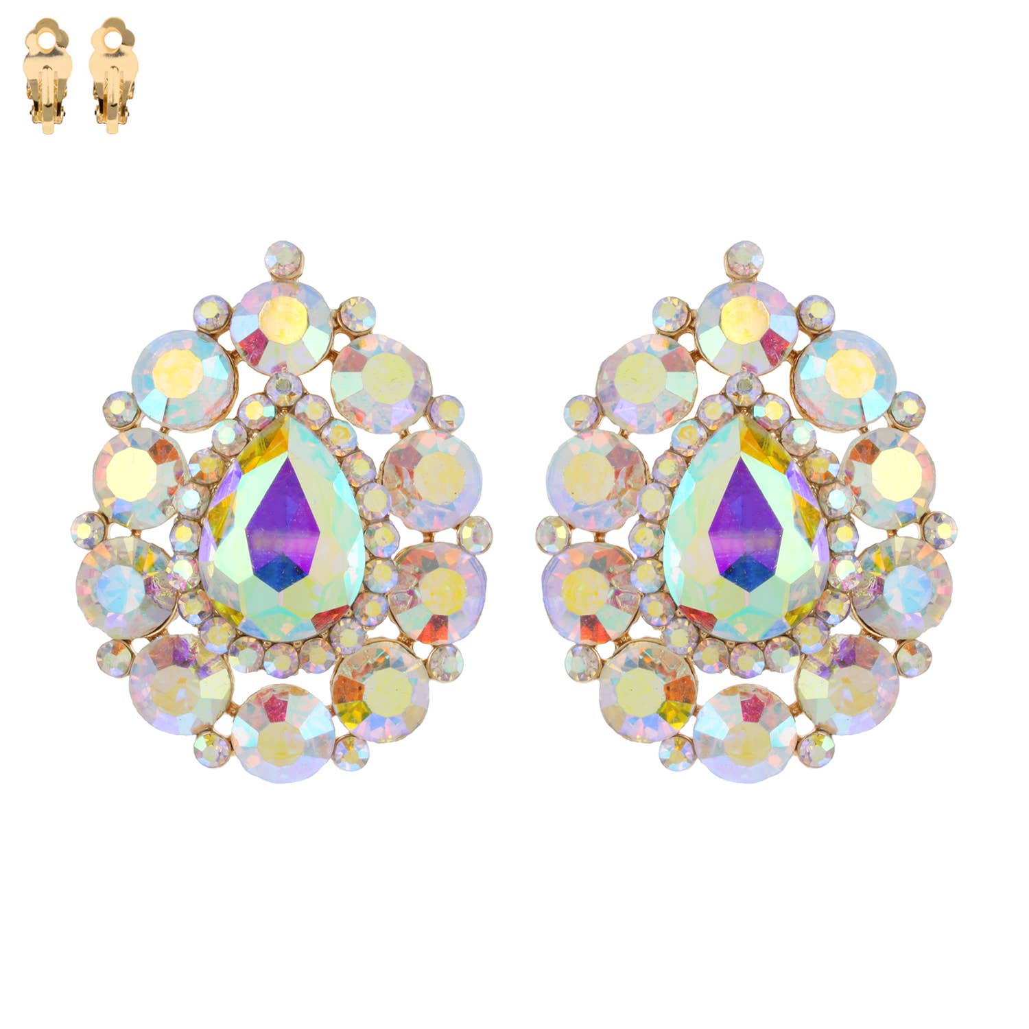 Rhinestone Cluster Halo Pear Shaped Clip On Earrings