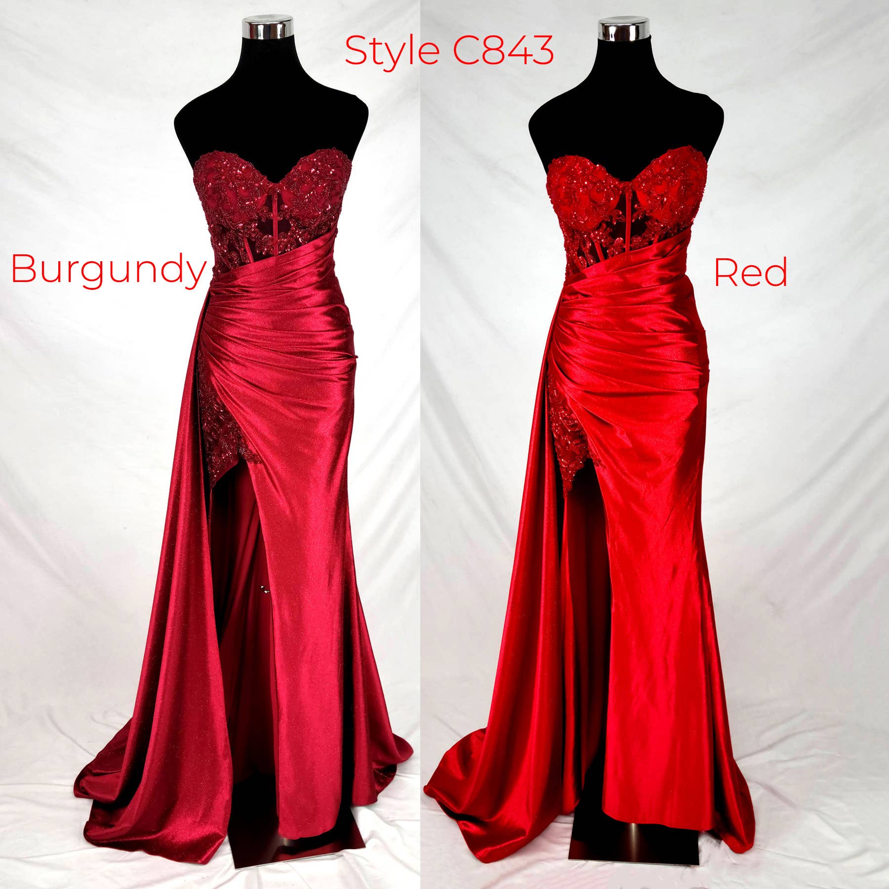 Floor length satin sweetheart dress with split skirt C843