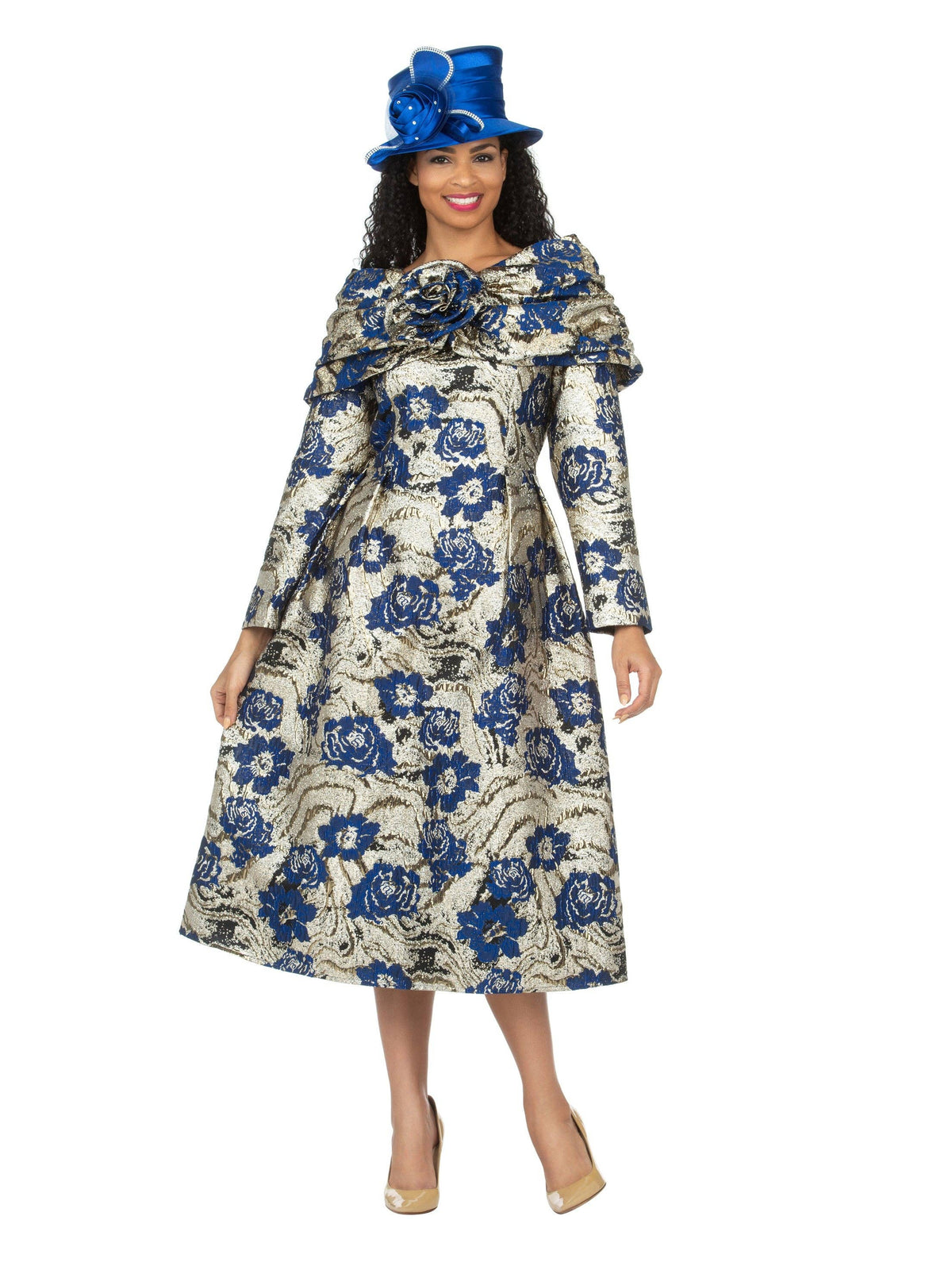 1pc Lux Brocade A-line Dress w/ Cape - Plus