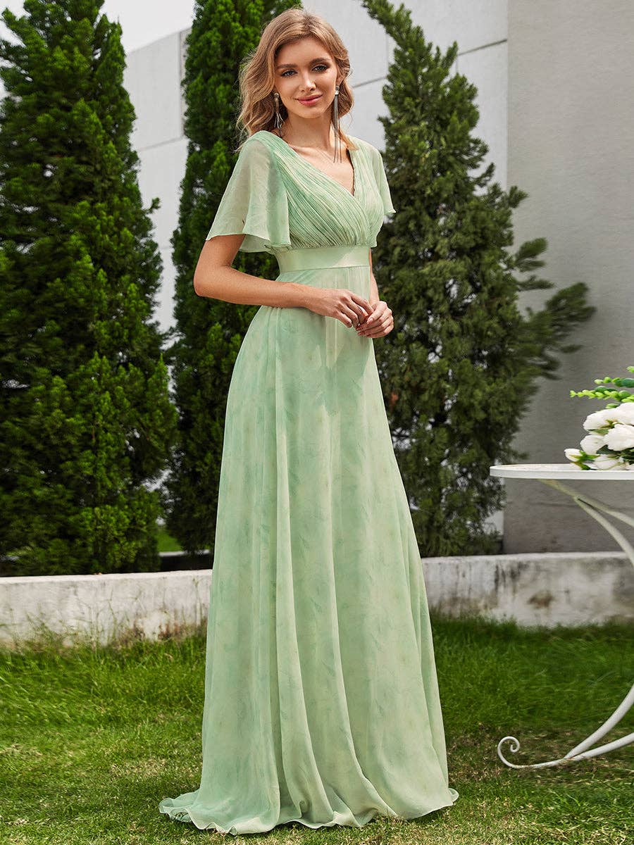 Double V-Neck Ruffles Chiffon Bridesmaid Dress