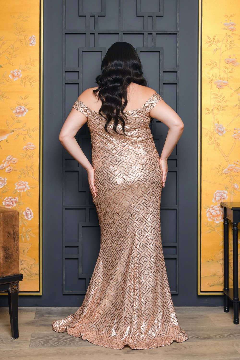 P1013P11-PLUS SIZE SEQUIN OFF SHOULDER MAXI DRESS