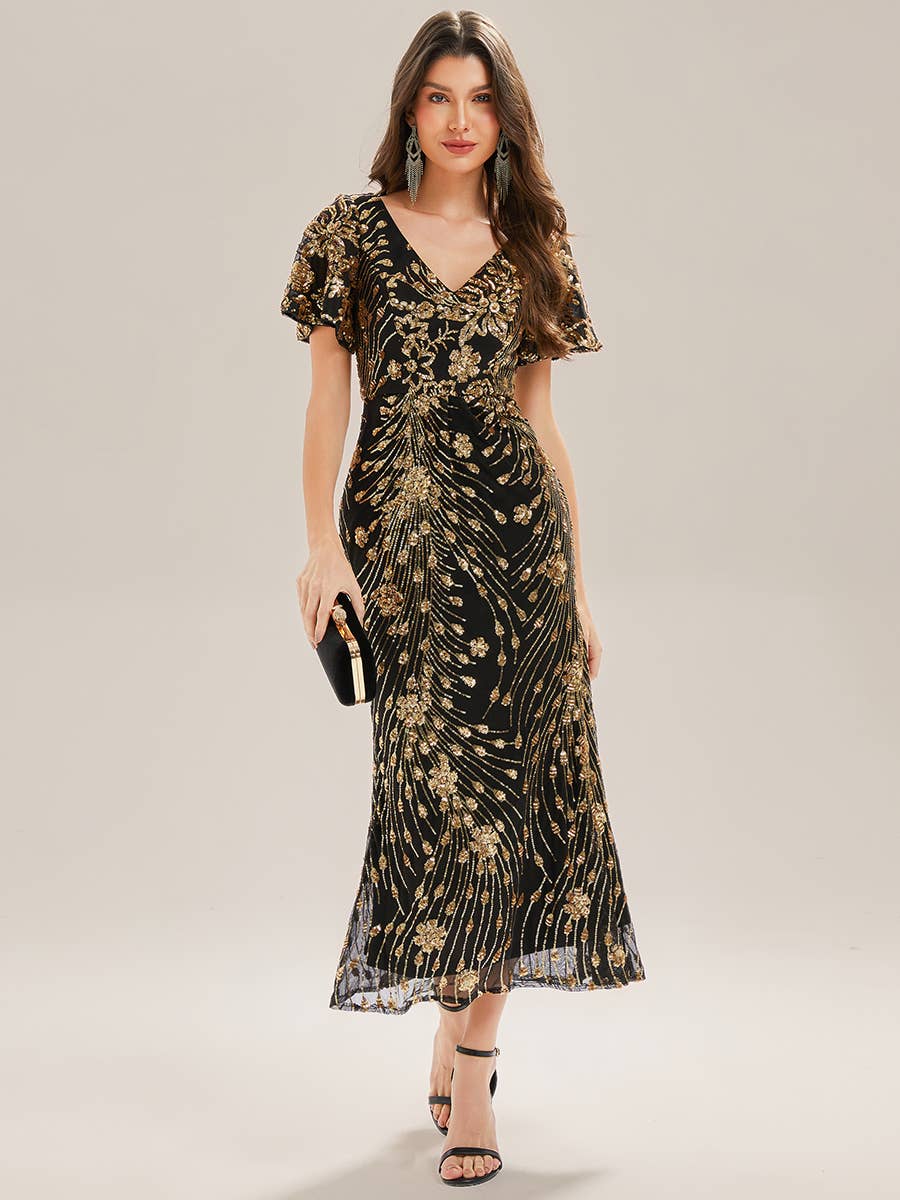 Strapless Deep Fishtail Paillette Midi Evening Dresses