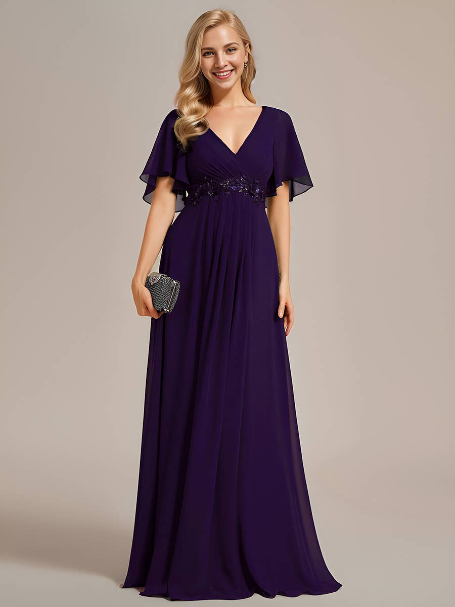 V Neck Appliques Pleated Bridesmaid Dress