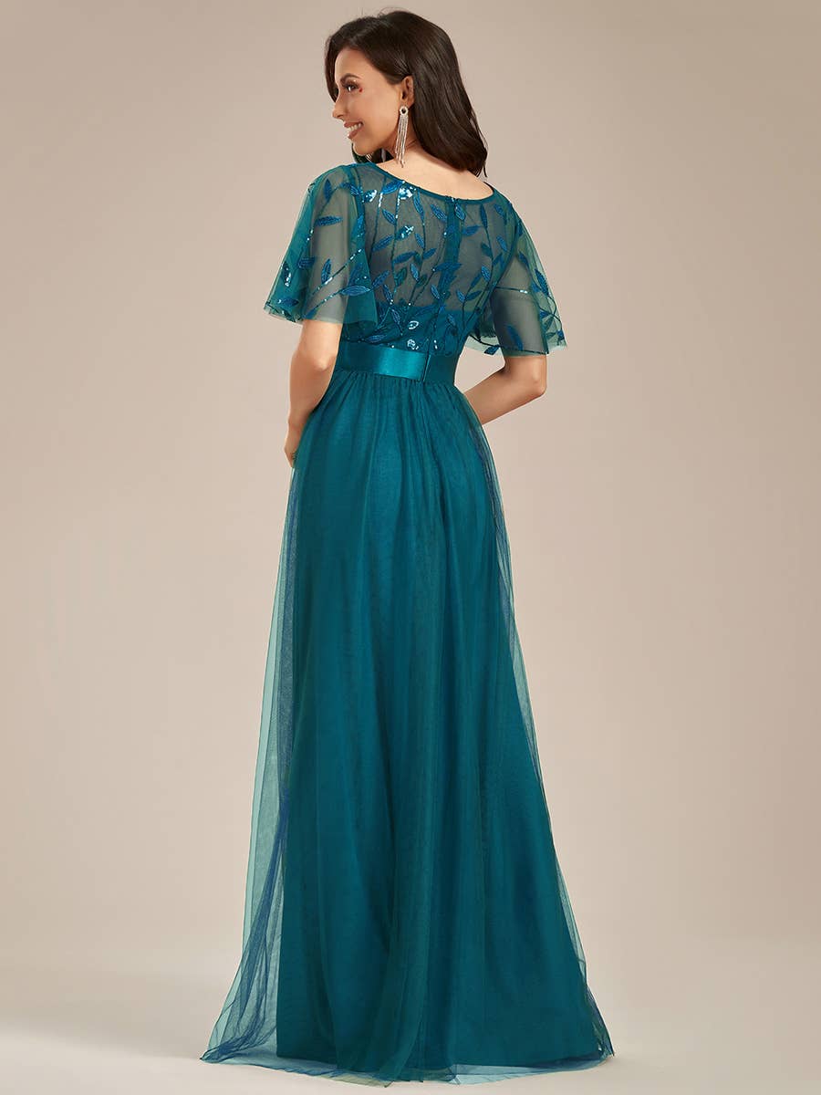 Sequin Print Maxi Long Evening Dresses with Cap Sleeve