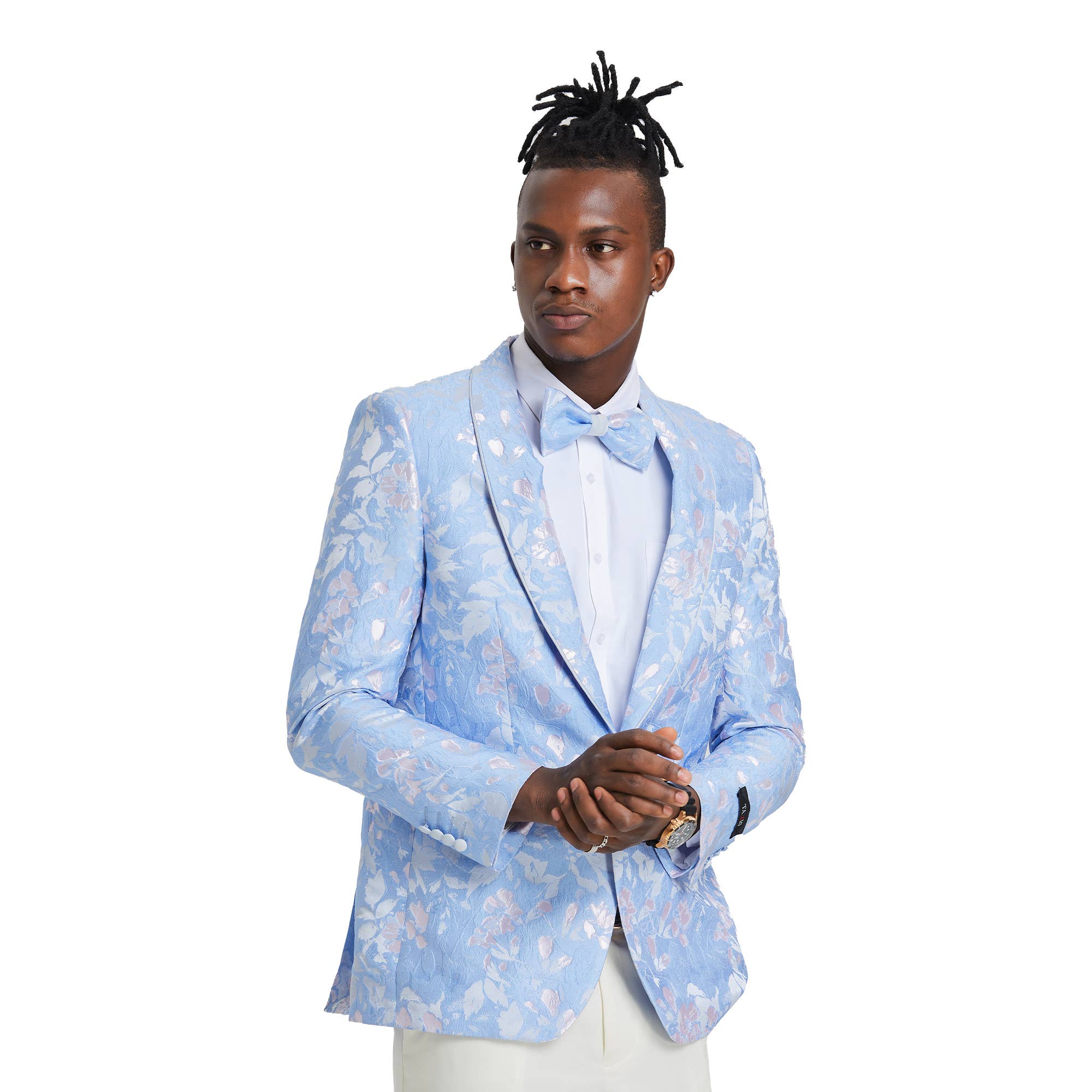 Men's Slim Floral Blazer w/ Bowtie, Shawl, Sky and Sliver