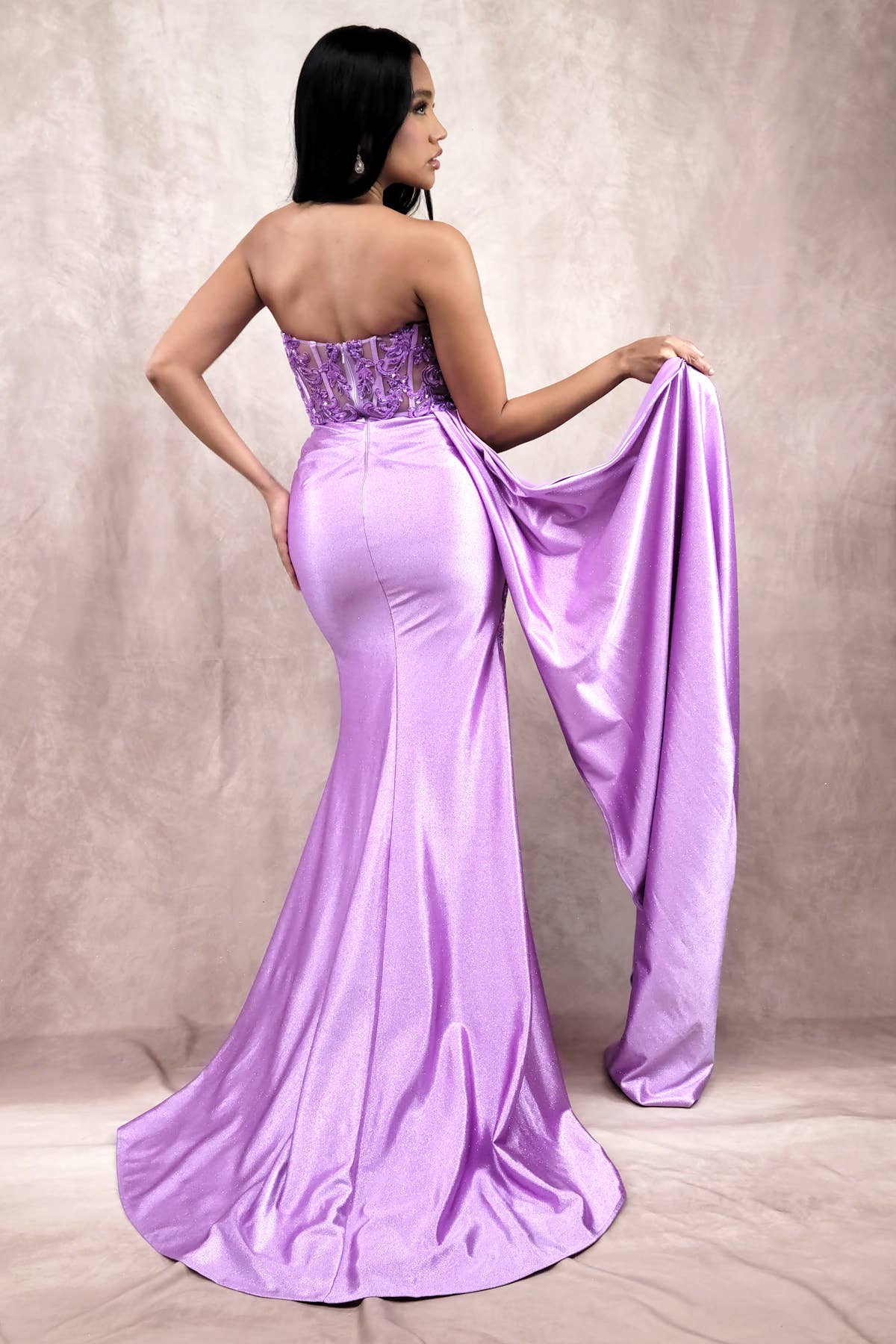 Floor length satin sweetheart dress with split skirt C843