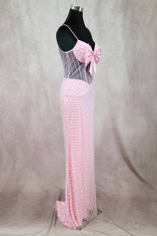 Long Dress With Bow, Pearls And Jewel Rhinestones C848