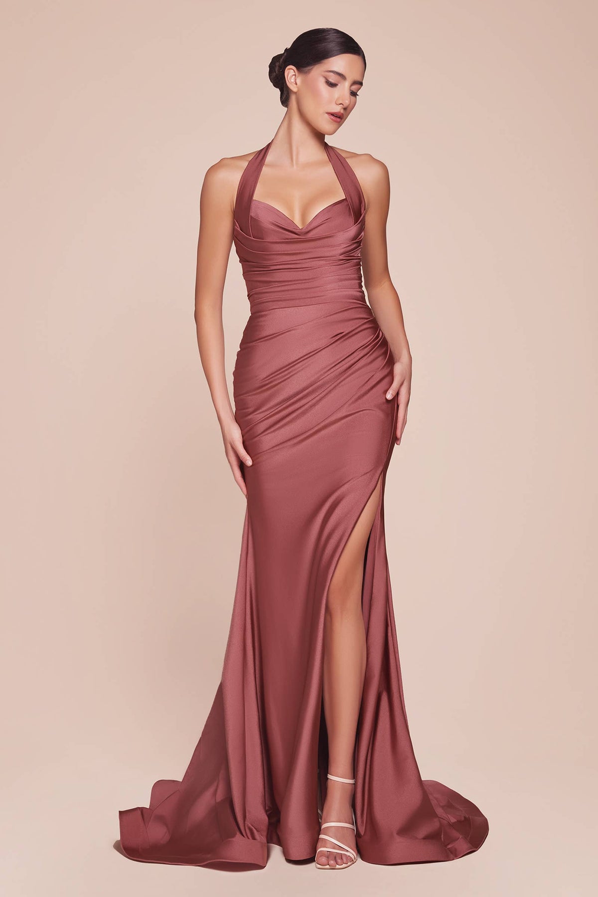 STETCH SATIN HALTER FITTED DRESS