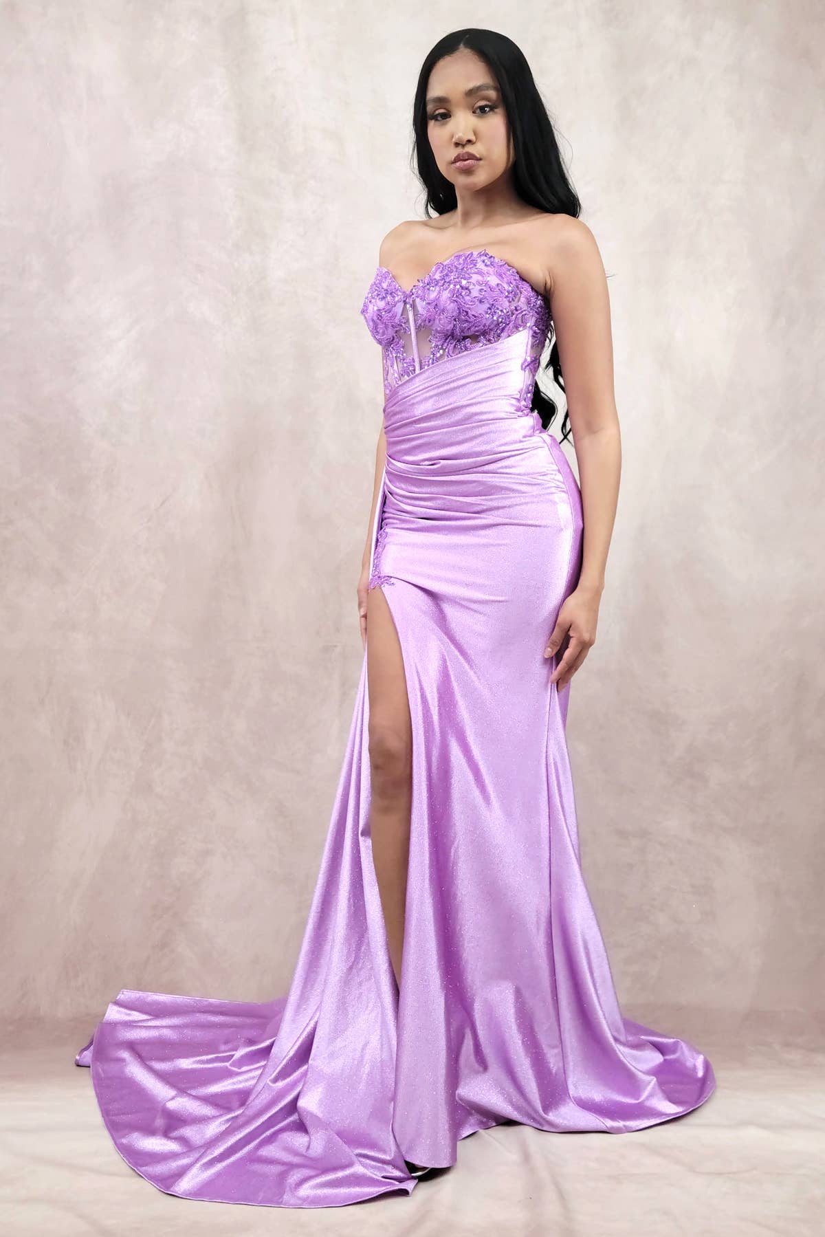 Floor length satin sweetheart dress with split skirt C843