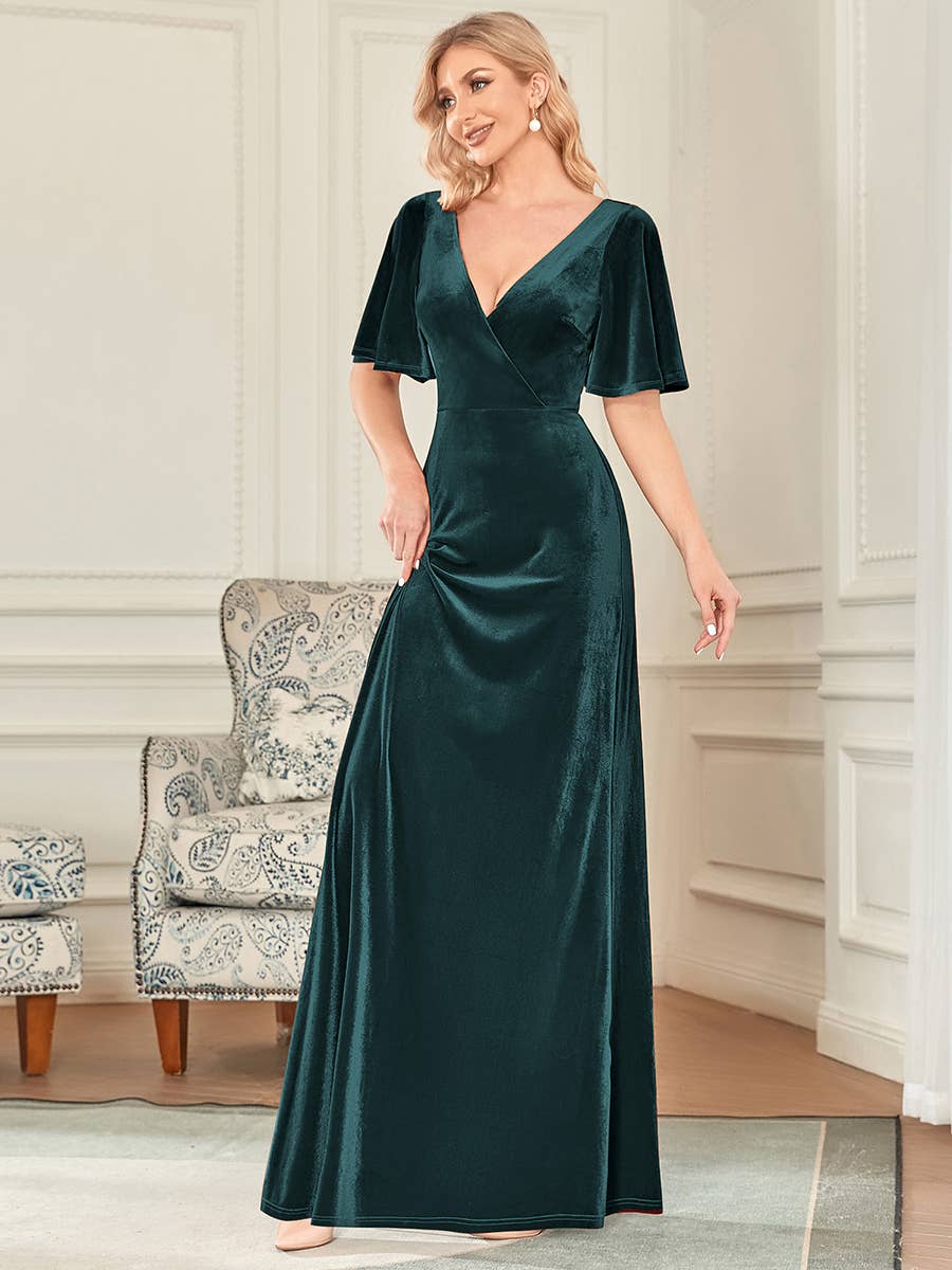 Elegant Double V Neck Velvet Wholesale Party Dress