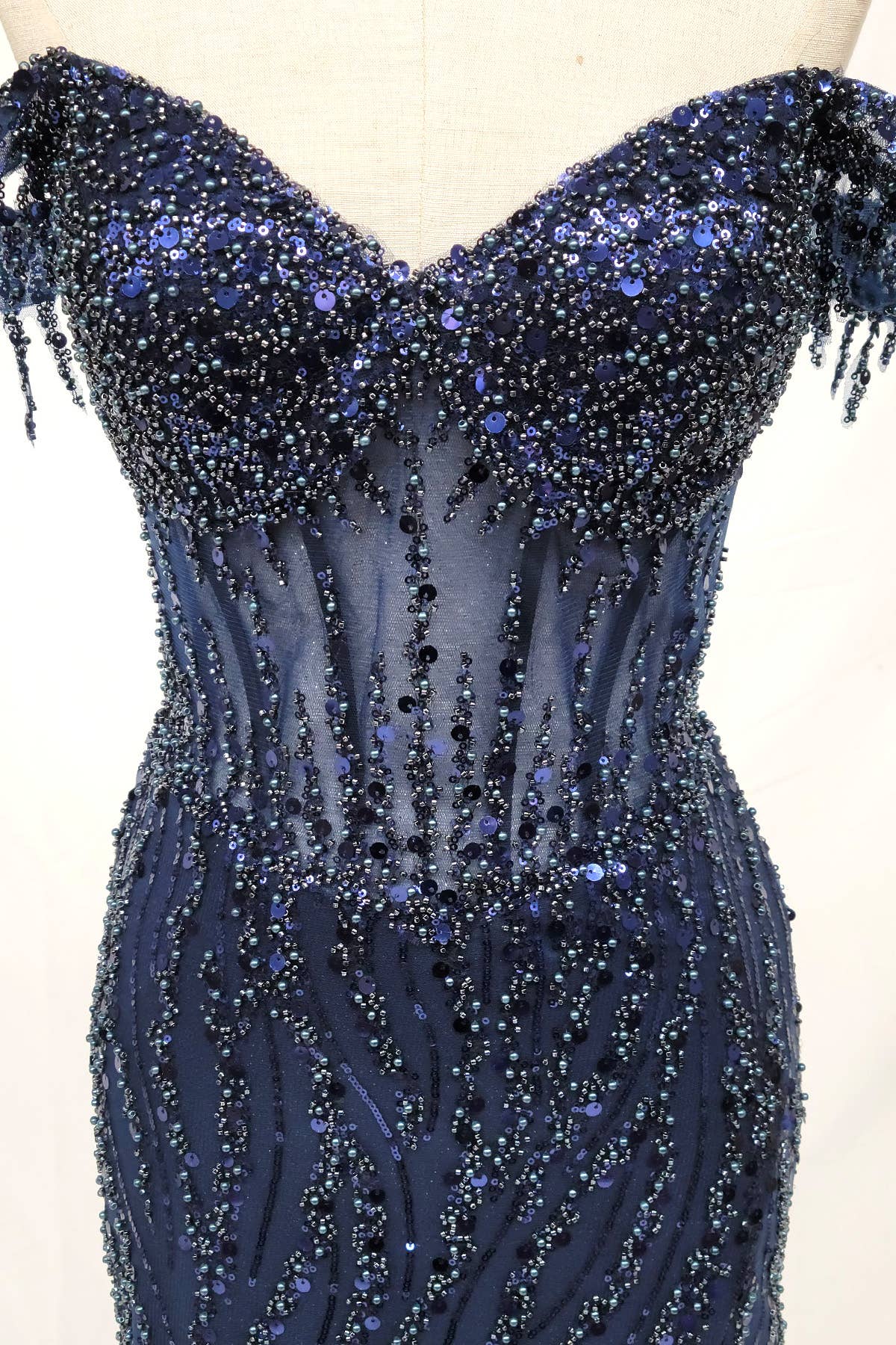 Off the Shoulder Sequin and Bead Long Dress C331