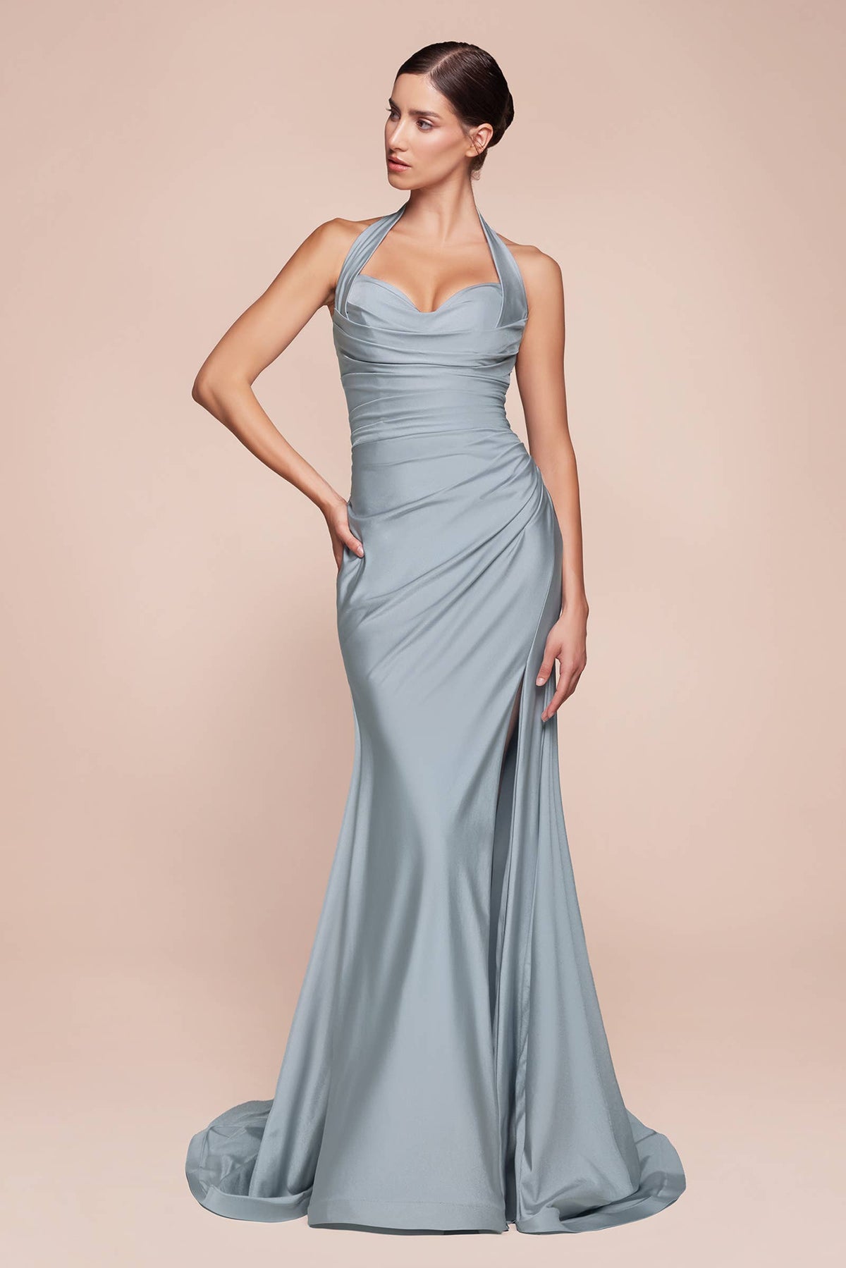 STETCH SATIN HALTER FITTED DRESS