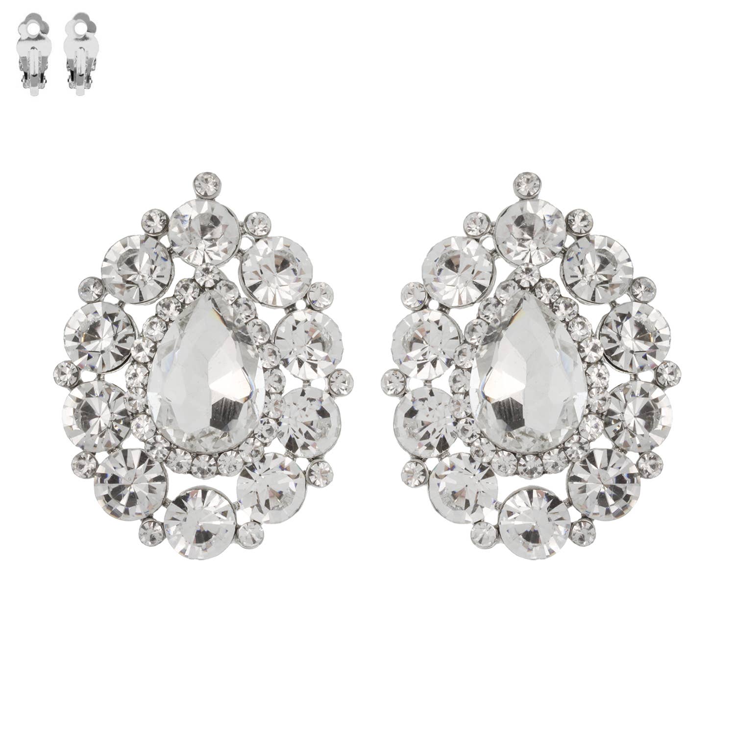 Rhinestone Cluster Halo Pear Shaped Clip On Earrings