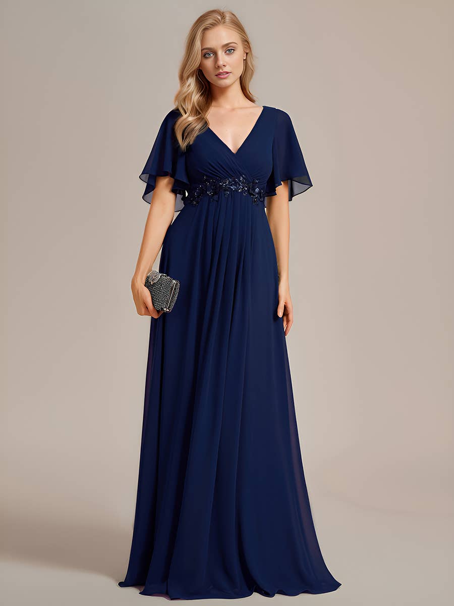 V Neck Appliques Pleated Bridesmaid Dress