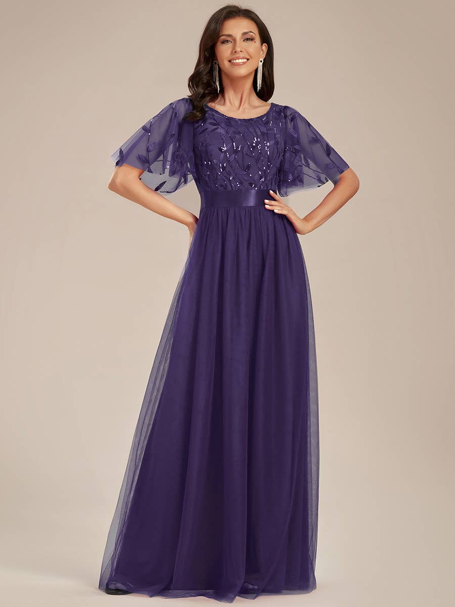Sequin Print Maxi Long Evening Dresses with Cap Sleeve