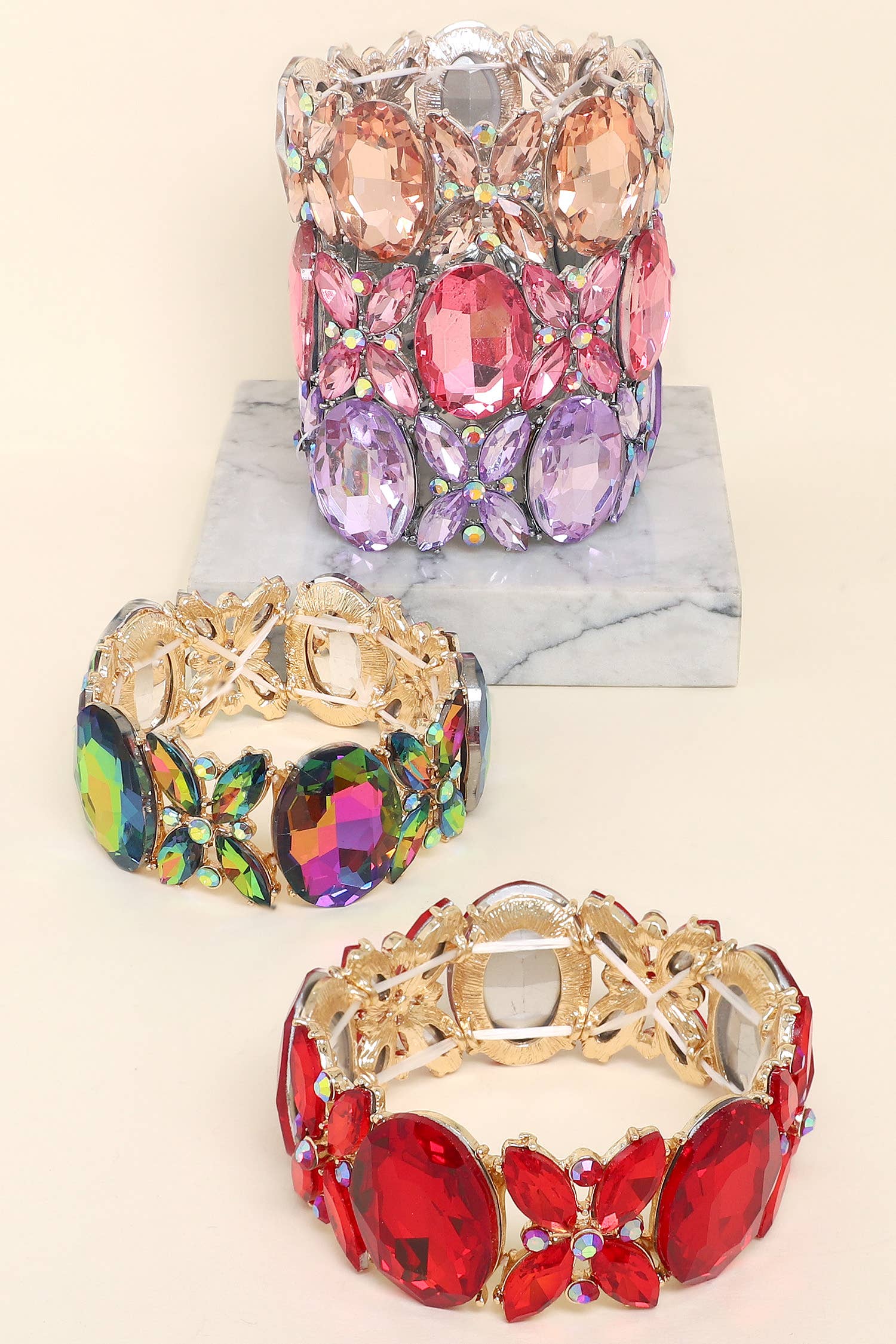 Crystal Gemstone Oval Floral Cluster Bracelet