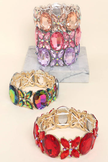Crystal Gemstone Oval Floral Cluster Bracelet
